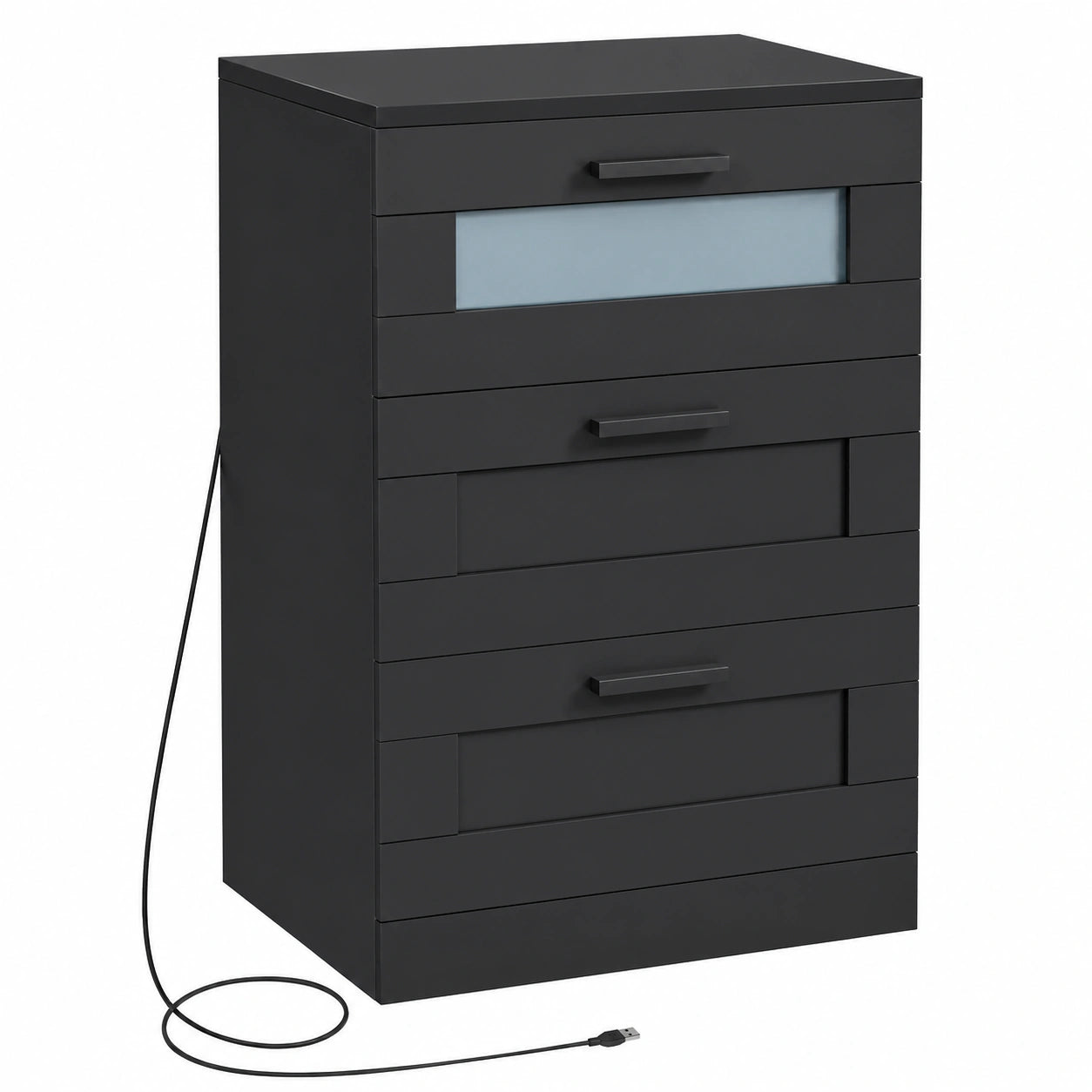 Mesita de Noche LED Moderna con Puertos USB y Type-C, 3 Cajones, Negro
