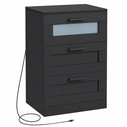 Mesita de Noche LED Moderna con Puertos USB y Type-C, 3 Cajones, Negro