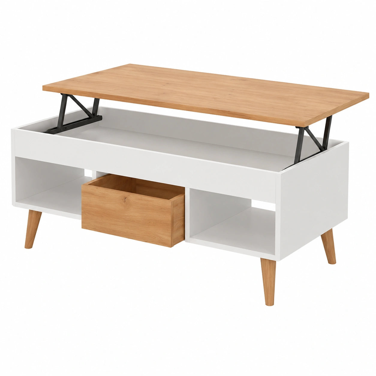 Mesa de Centro Elevable con Almacenamiento, Blanco y Madera, 100x50x47 cm