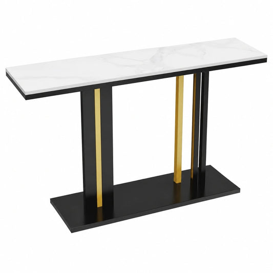 FATIVO Mesa Consola de Mármol para Entrada: Mueble Auxiliar Moderno Estrecho Nórdico con Patas de Hierro en Negro y Dorado 118 x 30 x 78 cm