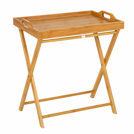 Mesa Auxiliar Plegable de Bambú Marrón con Bandeja Extraíble y Patas en Tijera, 35x55x61 cm